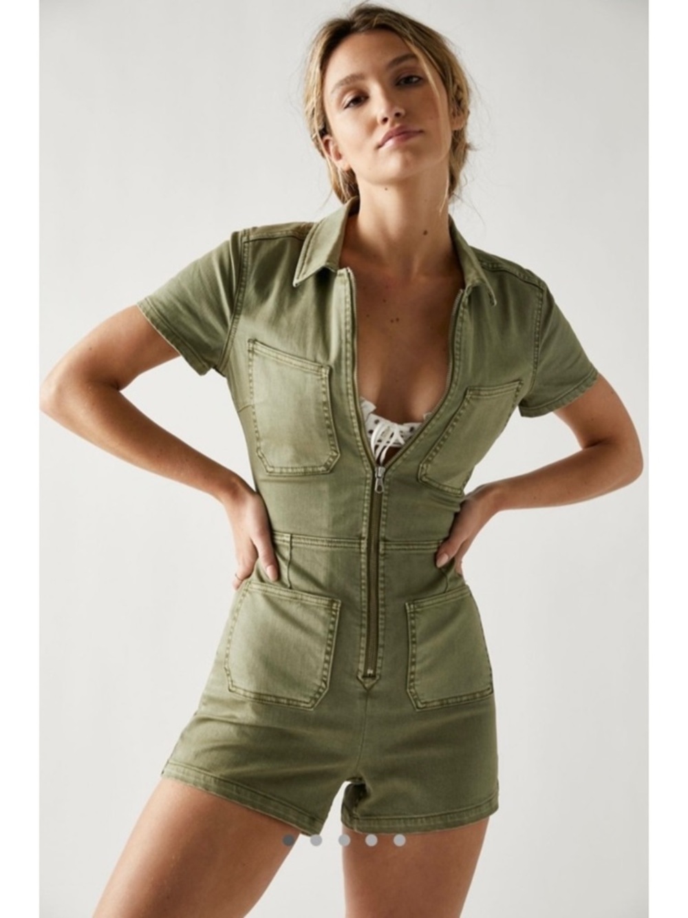 NWT Free People CRVY Lennox Shortsuit Army Green Denim Zip Up Boho Romper